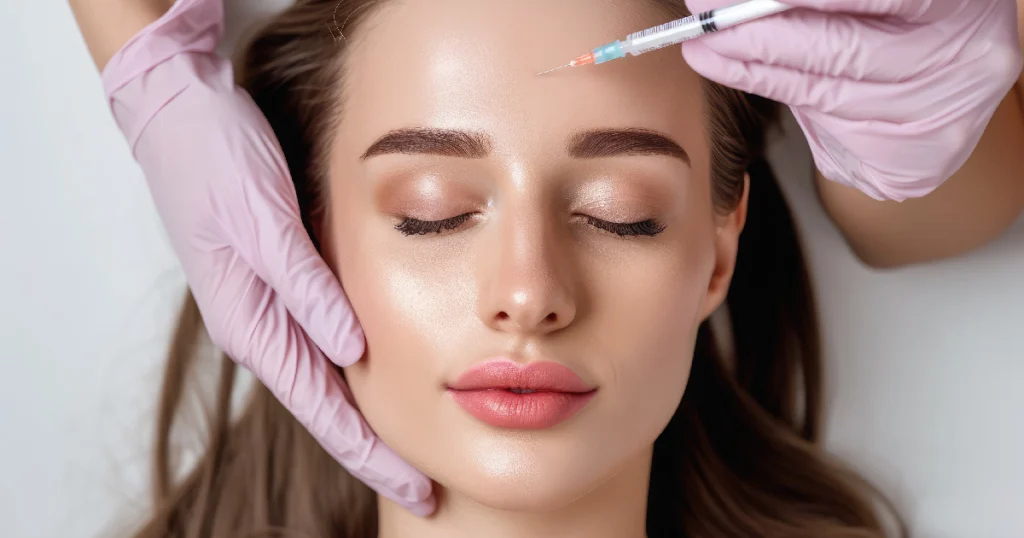woman with her eyes closed lies down while a professional in pink gloves prepares to give her a injectable treatments on her forehead in Lake Charles, LA